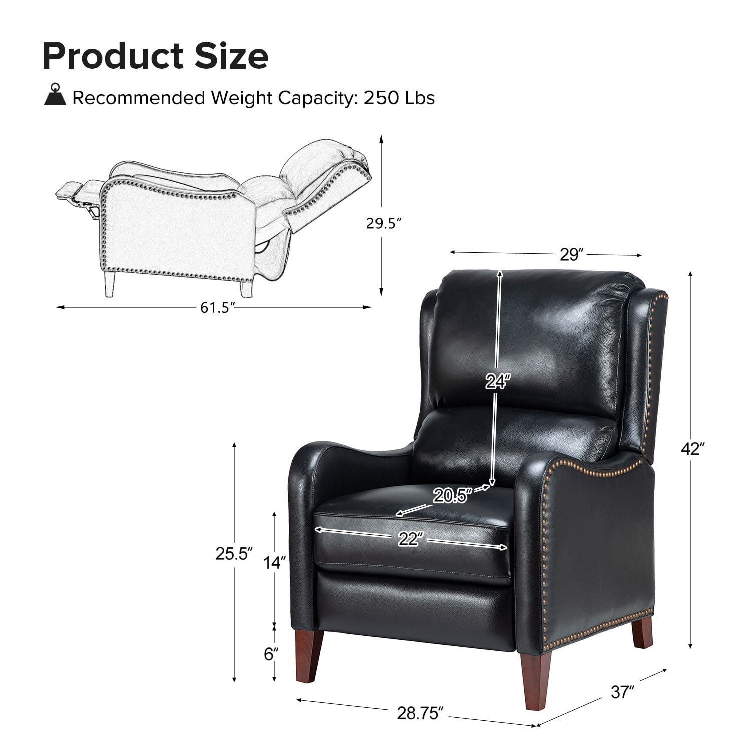 Genuine Leather Recliner Chair Push Back Wingback Set of 2 with Nailhead Trim for Living Room Bedroom Black
