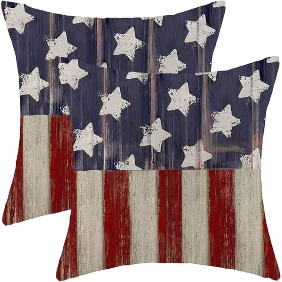 4th of July Memorial Day Pillow Covers 16x16 Set of 2, American Day Patriotic Retro Star and Stripe Decorative Throw Pillowcase Independence Day Cushion Cover for Sofa Couch LivingRoom Decor