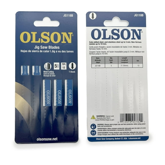 OLSON Jigsaw Blades, 5-Piece, 3 inch 12TPI, T-Shank, Straight Cuts in Metal (JG118B)