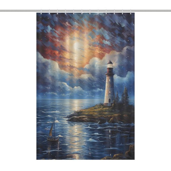 Lighthouse Sunrise Coast Scenery Pale Blue Tan Shower Curtain for Bathroom with 12Hooks, Polyester Fabric Thick Shower Curtain Washable Waterproof Curtain