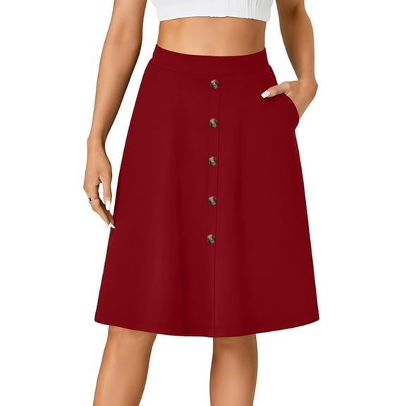 LWavelet Button-Front Midi Skirt with Side Pockets Women Daily Casual Structured Versatile Bottoms Red XL
