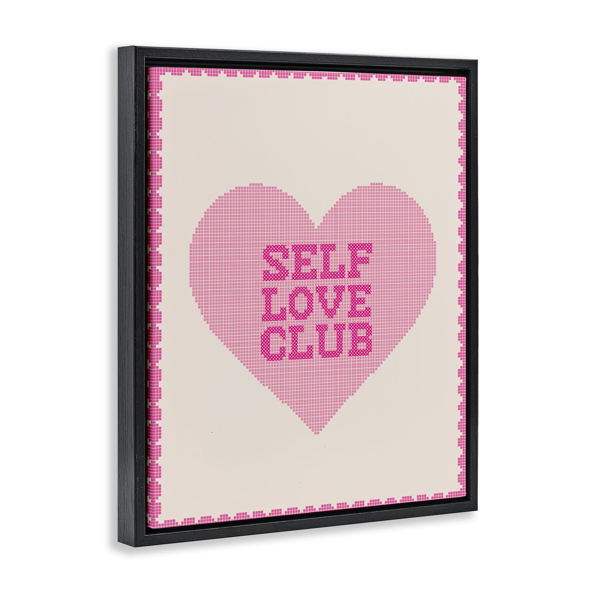 Stupell Industries Self Love Club Pixel Heart Black Framed Floater Canvas Wall Art, design by Lil' Rue