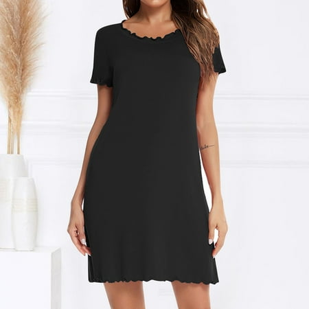 

Miayilima Nightgowns Sleepshirts For Women European And American Summer Rolled Edge Solid Color Short Sleeved Comfortable Sleeping Skirt Home Clothes