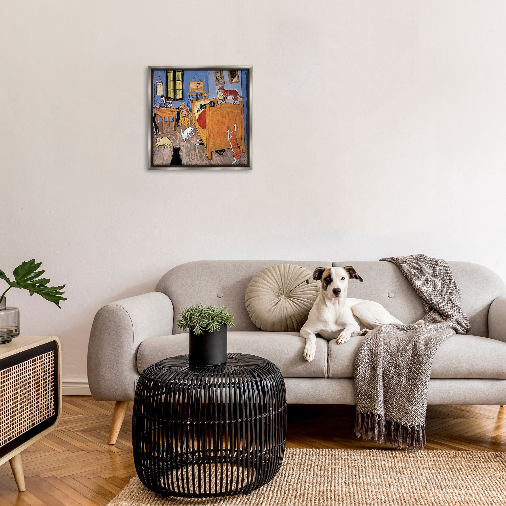 Stupell Industries Cats in Bedroom Classics Parody Animals & Insects Painting Gray Floater Framed Canvas Art Print Wall Art, 25 x 25