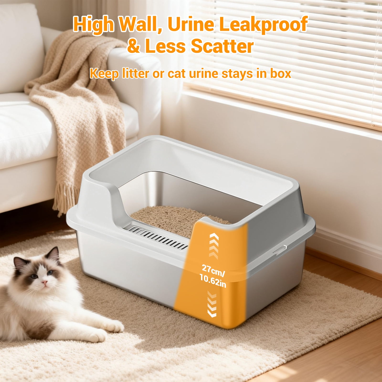BouPower 12" Tall Extra Large Stainless Steel Cat Litter Box with Lid, High‑Sided Anti‑Urine Leakage Non‑Stick Metal Litter Pan with Scoop & Litter Mat for Big Multi‑Cats & Small Pets