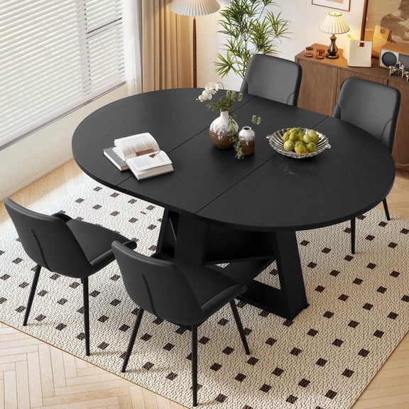 Hawsaiy Extendable Round to Oval Dining Table Set for 4–6, Space-Saving Wooden Table with Hidden Storage, Expandable Dining Table with Upholstered Chairs(Black Table 4 Black Chairs)