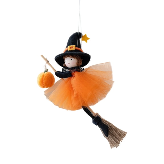 Halloween Cute Angel Girl Hanging Ornament, Plush Witch Doll with Hat and Pumpkin, Festive Holiday Decor for Home Door Window Tree Party Scene Display, Saffron