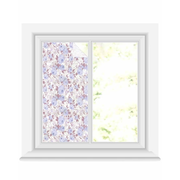 Window Privacy Film Purple Flowers Stained Glass Window Film Decorative Sun Block Window Cover Romantic Botanical Floral Plants Leaves Window Clings Static Adhesive Sticker for Bathroom 17.7"x39.3"