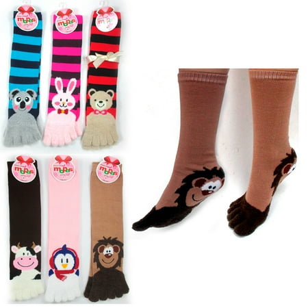 - 3 Pairs Toe Socks Calf Length Funny Feet Animal Womens Striped Toe Socks Toesox