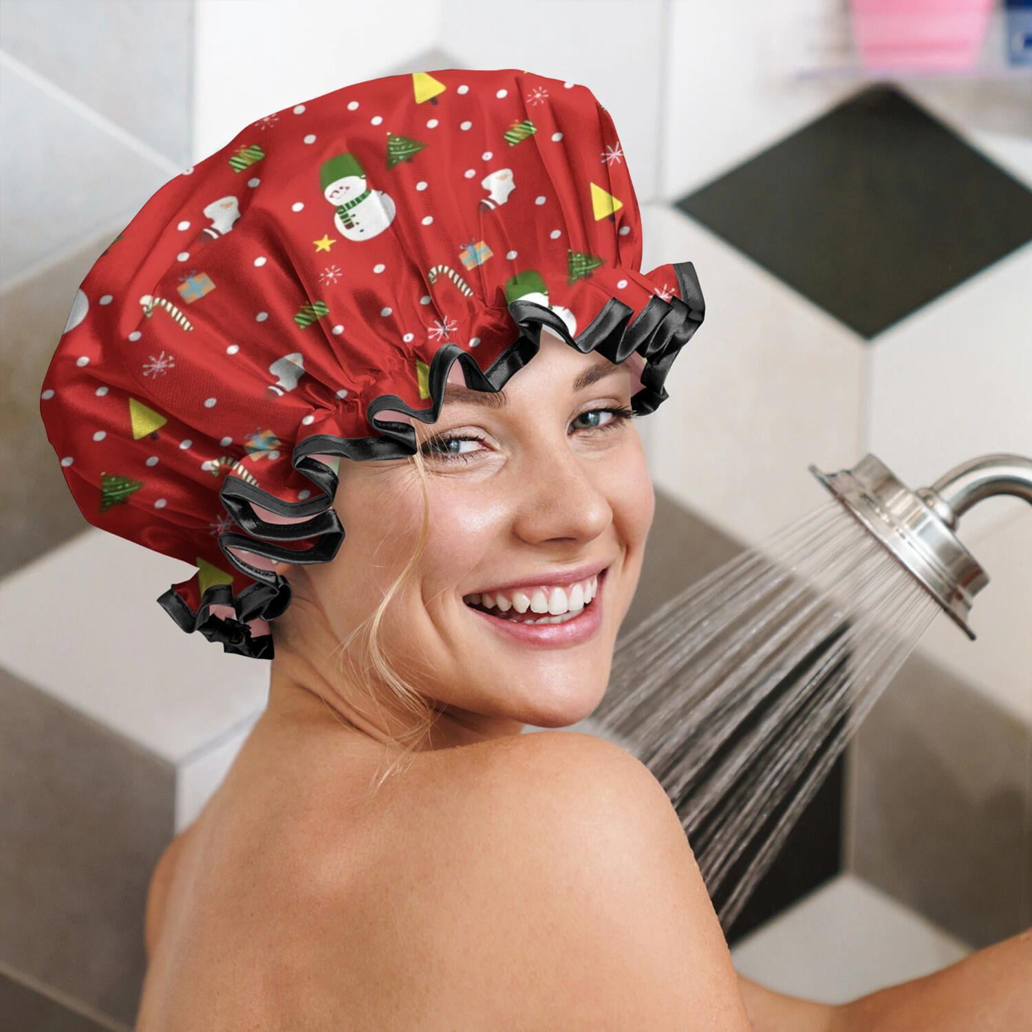 Shower Caps,Red Christmas Snowman Pattern Waterproof Shower Cap for Women 4 Pieces,Double Reusable Hair Cover for Shower PEVA Elastic Stretch Hem