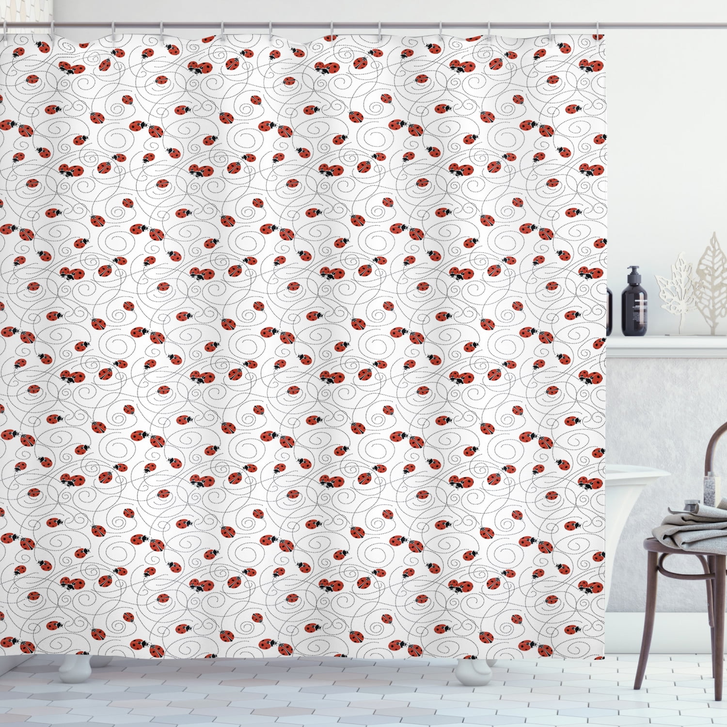 Cartoon Style Ladybug Pattern Bathroom Waterproof Fabric Shower Curtain Set 72" 
