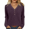 thumbnail image 2 of Otntypg Long Sleeve Button V Neck Henley Shirts for Women Casual Fall Winter Basic Cable Knit Tunic Sweater Blouse Loose Fit Cozy Knitwear Tops Purple S, 2 of 9