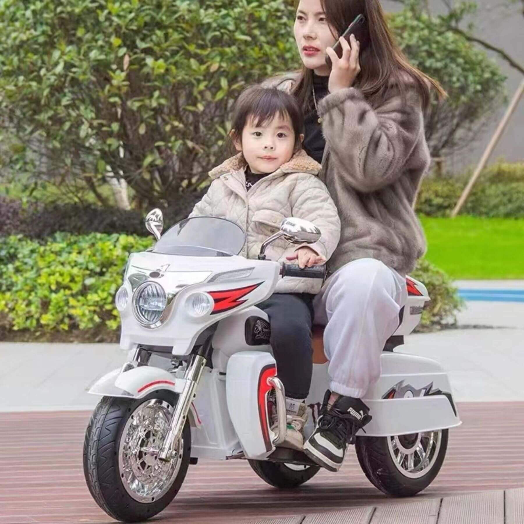 Tamco 12V Kids Electric Ride On Motorcycle with Two Seat and 3 Wheels, White