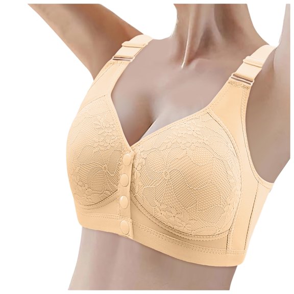 Wdgfv Daisy Lace Bras for Women Front Closure No Underwire Comfort Senior Wireless Snap Closing Bra Beige 42
