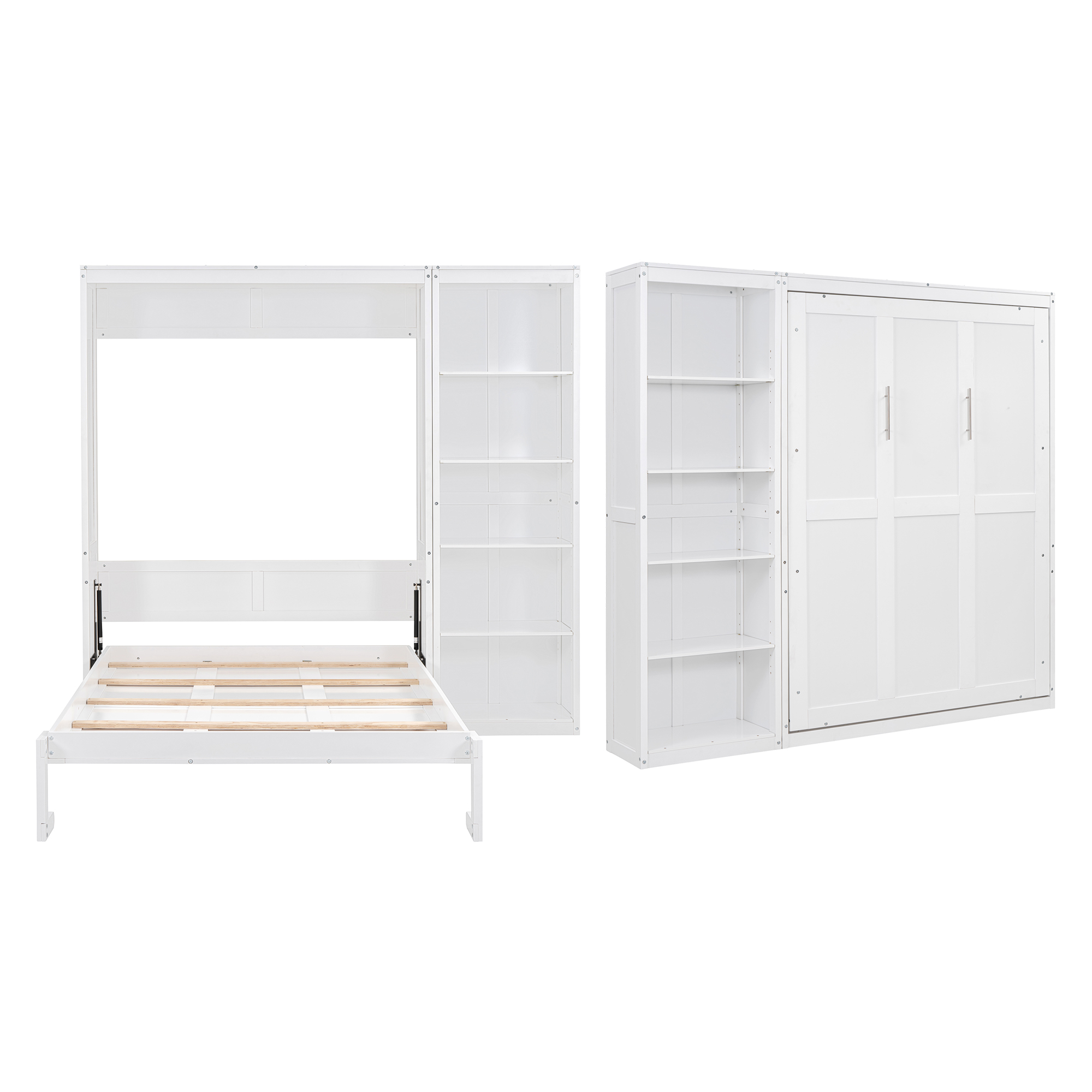 Aukfa Full Size Murphy Bed, Wood Cabinet Bed Frame with Adujstable Shelves, Foldable Platform Wall Bed Frame for Guest-Room, Home, Office, White