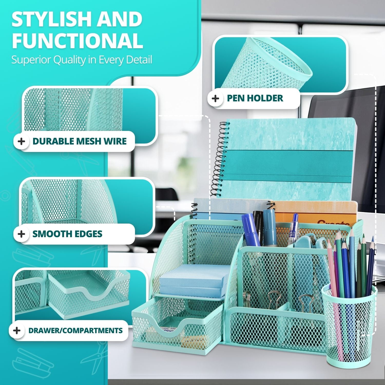 Desk Organizer Office Supplies Accessories Desktop Tabletop Sorter Shelf Pencil Holder Caddy Set - Metal Mesh with Drawer and 6 Compartments (Turquoise Aqua Blue)