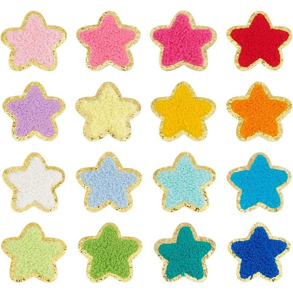 16Pcs Star Chenille Patches Embroidery Style Cloth Sew on Patches Star Golden Edges Iron On Patch Embroidered Patches Appliques Embellishments for Clothing