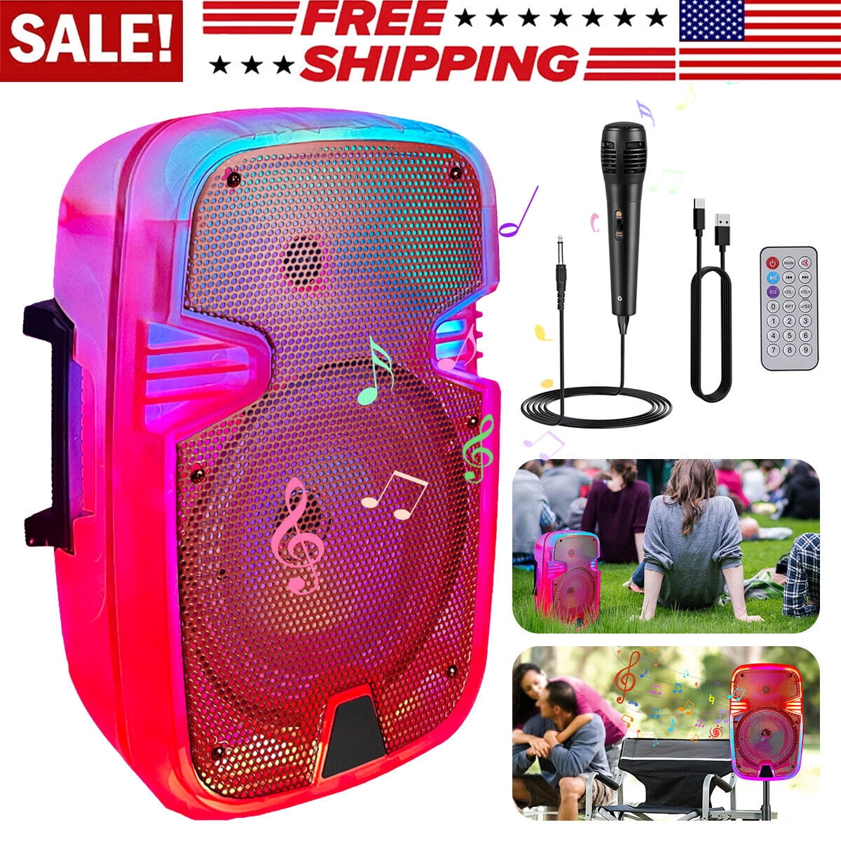 Portable Bluetooth Speaker 8" Woofer w/ Tripod Stand Microphone Remote Control Red LED, Clear Shell