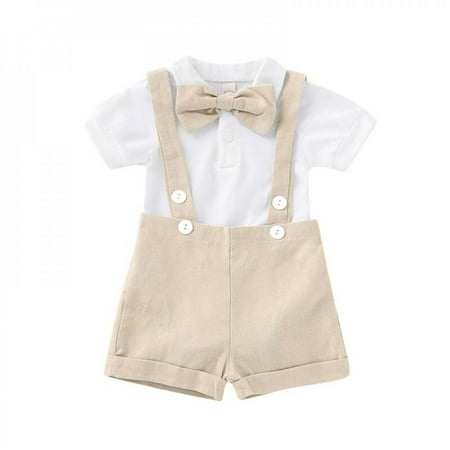 

Clearance Sale Summer Boy s Short Sleeve Bow Tie Gentleman s Khaki + Suspender Suit