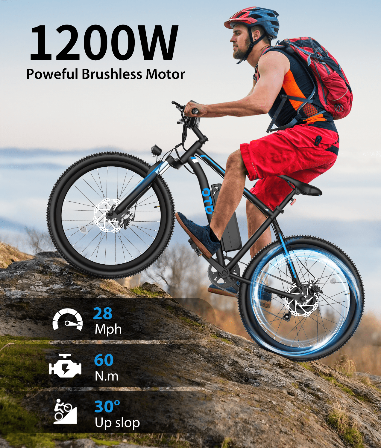 OTD Electric Bike for Adults,1200W 28MPH Electric Bicycles,26" Montain Bike,90 Miles 624Wh Removable Battery,7-Speed Ebike Mobile Phone Holder UL2849
