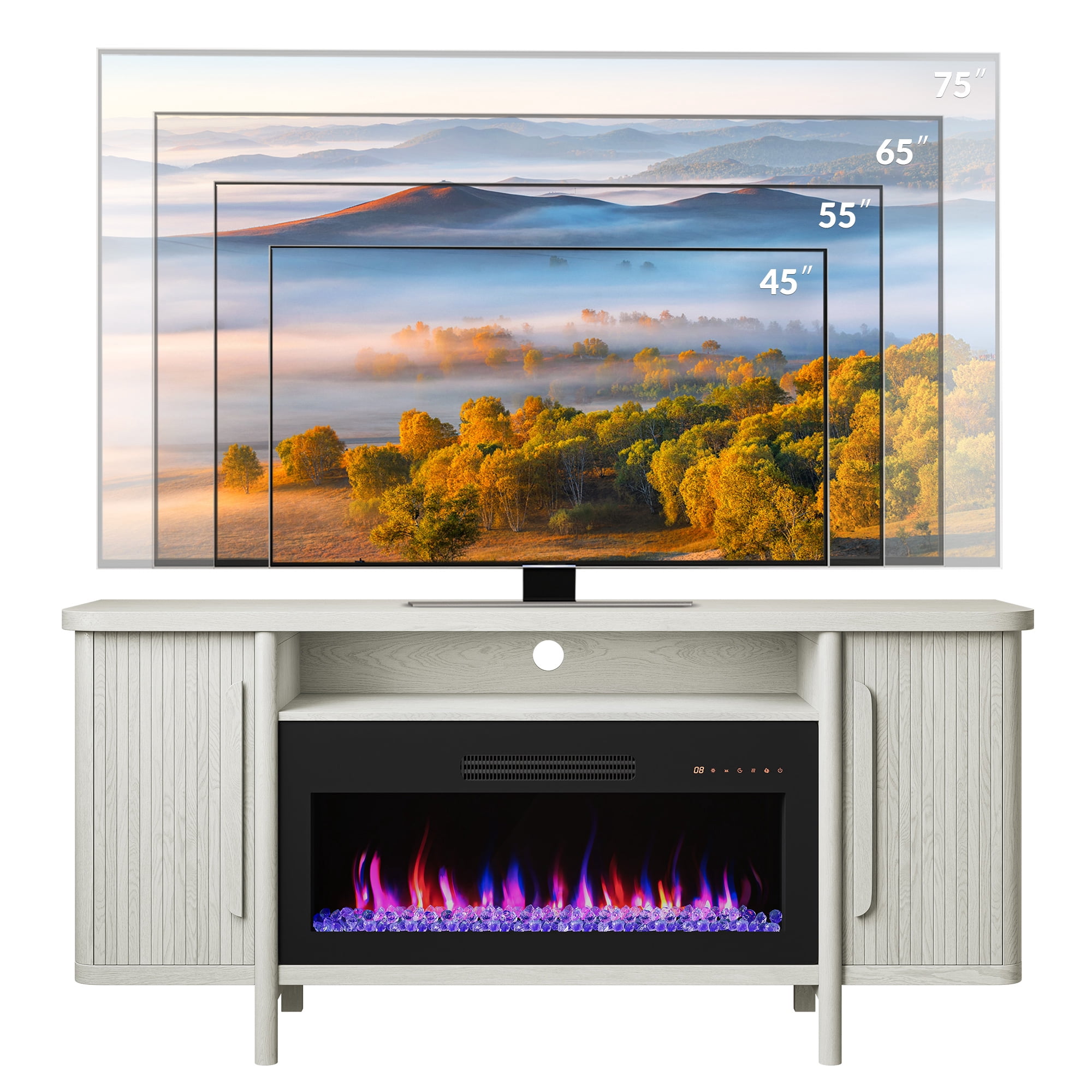 BELLEZE 66" TV Stand with 36" Electric Fireplace, Wood Console Table for TVs up to 75 Inches, Entertainment Center with Storage Cabinets for Living Room, Bedroom - Portman (White Sand)