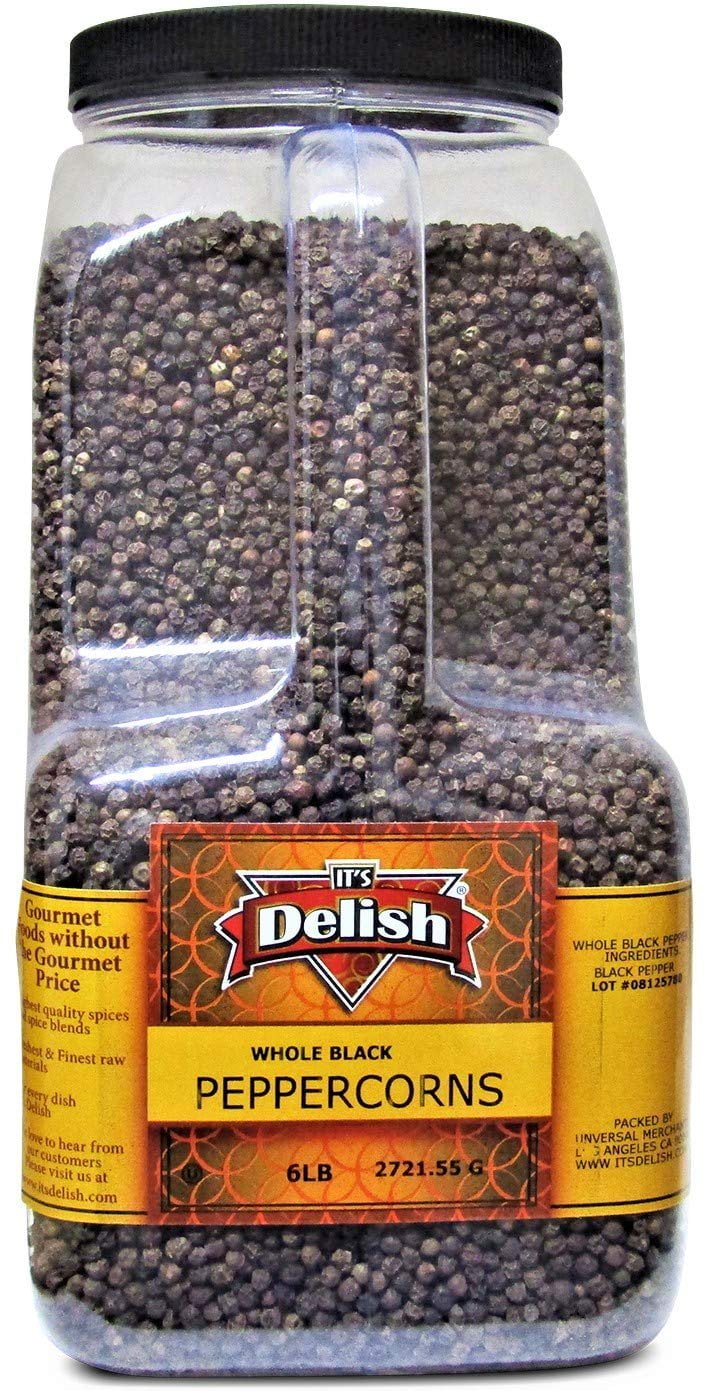 Gourmet Whole Black Peppercorns by It's Delish - 6 LBS Gallon Size Jug - Whole Black Pepper Restaurant Size Container - Premium Dried Peppercorns for Grinder Refill - All Natural, Kosher & Fresh