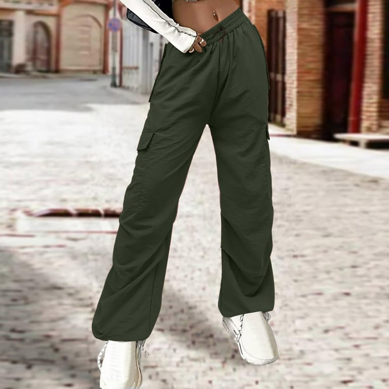JWZUY Womens Solid Cargo Pant Straight Wide Leg Y2K Teen Girl Streetwear  Pants Full-Length Drawstring Elastic Waist Pant Army Green XXL