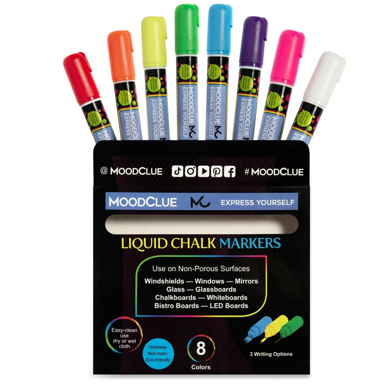 MoodClue Car Window, Glass Marker Pens. Bold Liquid Chalk for Auto Windshields, Mirrors, White + LED Boards. Washable, Erasable. Neon 8pk. 10mm Jumbo Tip - 3 Writing Options.