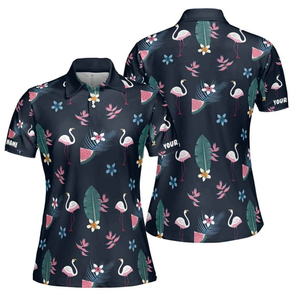 Custom Name Pink Flamingo Tropical Leaf Watermelon Women 3D Polo Shirt S-5XL