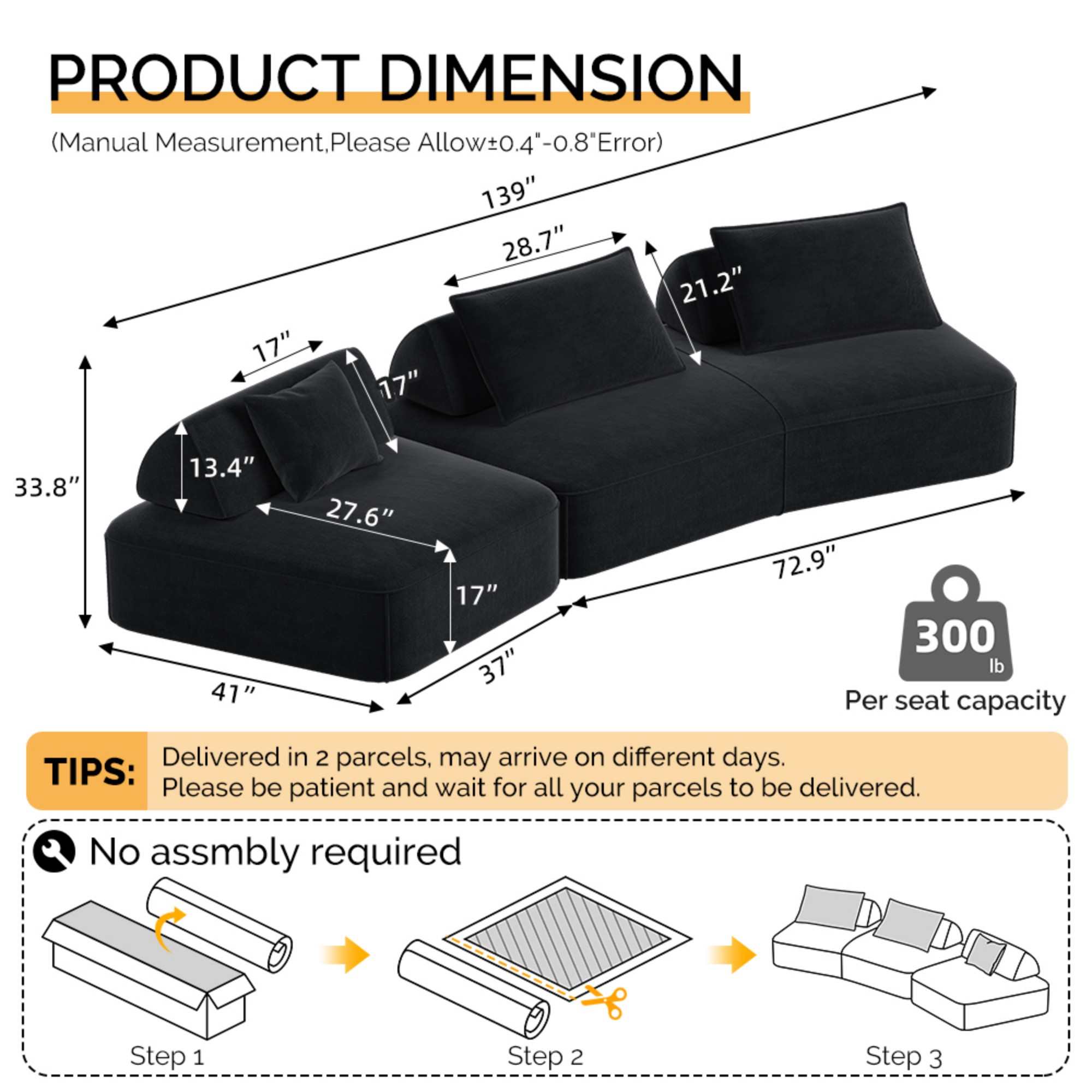 avobird 139" Modern Light Luxury Oversized Modular Sectional Sofa,Chenille Sofa with Removable Backrests and Soft Throw Pillows,Deep-Seated Sofa Suitable for Living Rooms and Offices,Dark Gray