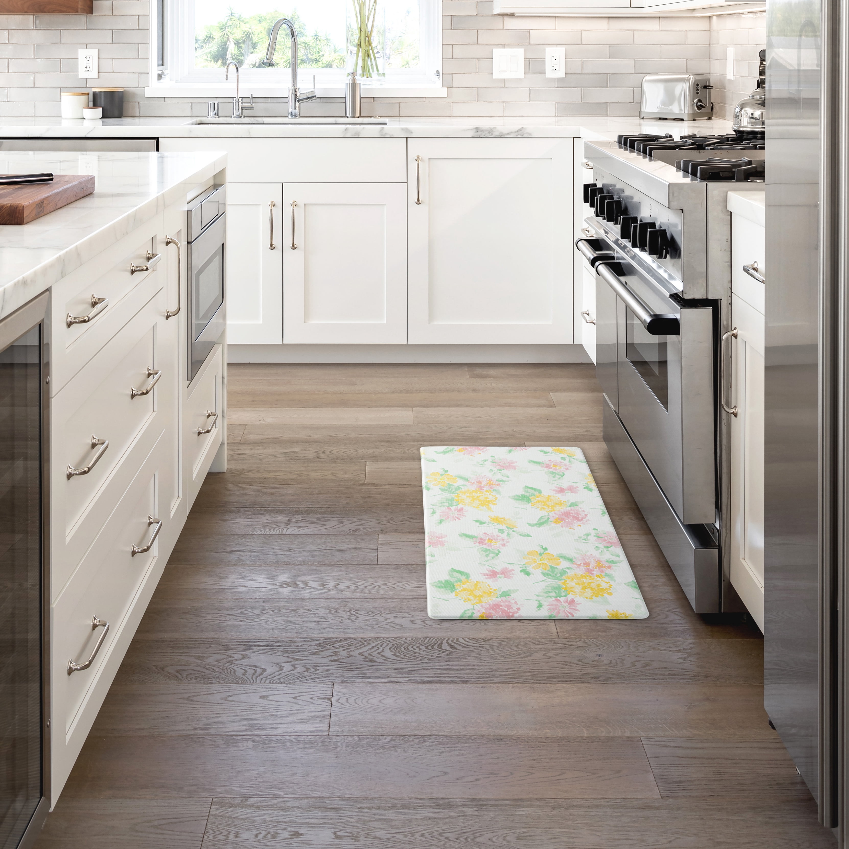 Martha Stewart Amber Floral Daisy Stripe Reverisble Water Resistant Kitchen Mat, Pink/Yellow, 20"x39"