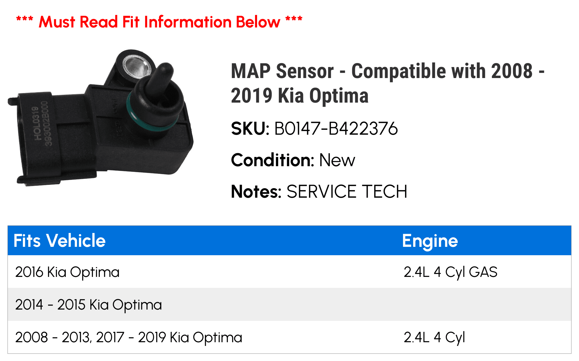 MAP Sensor - Compatible with 2008 - 2019 Kia Optima 2009 2010 2011 2012 2013 2014 2015 2016 2017 2018