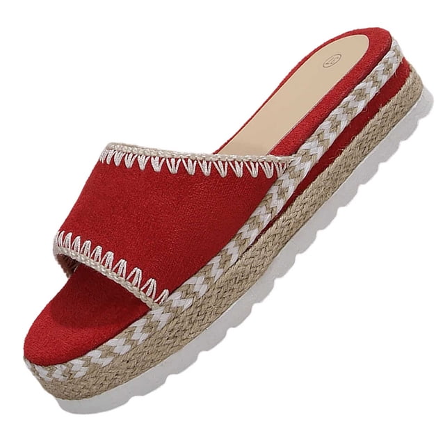 FRSASU Women's Platform Sandals Breathable Crochet Espadrille Slides Open Toe Backless Summer Beach Slippers Red