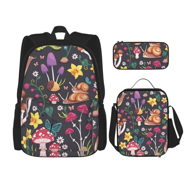 Easygdp Mushrooms Snails Butterflies Mochila para Niños y Niñas con Set de Caja de Almuerzo y Estuche para Lápices 3 en 1, Mochila Escolar Estampada para Adolescentes