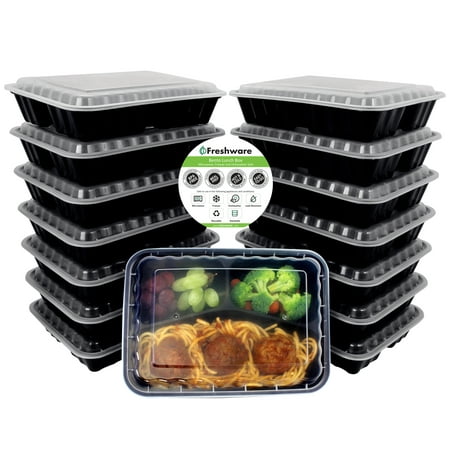 Freshware 15-Pack 3 Compartment Bento Lunch Boxes with Lids - Stackable Reusable Microwave Dishwasher & Freezer Safe - Meal Prep Portion Control 21 Day Fix & Food Storage Containers (36oz),