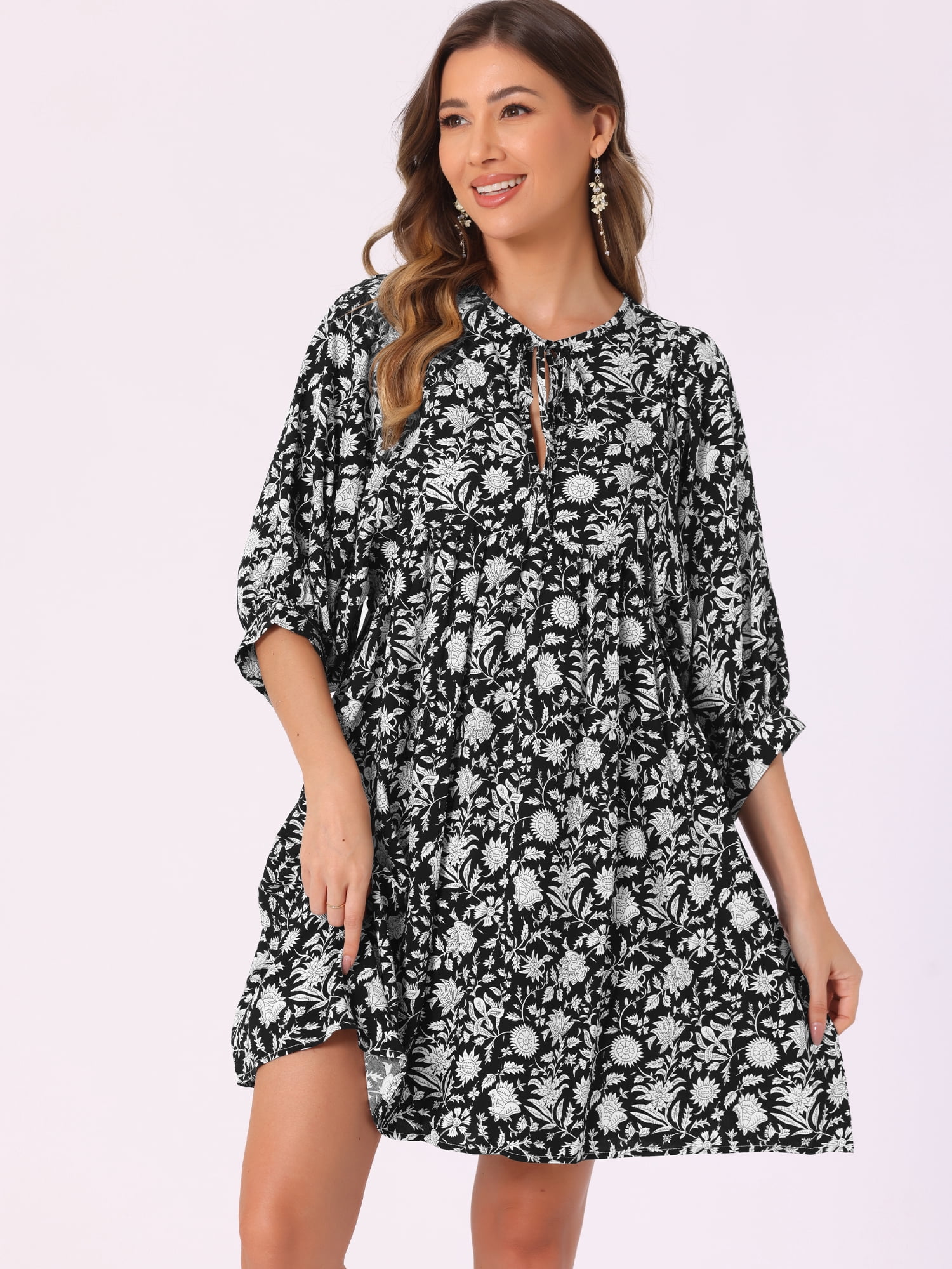 DARING DIVA Floral Summer 3/4 Sleeve Flare Mini Dress L Black