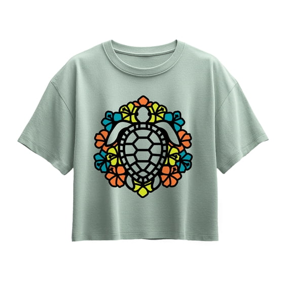 Instant Message - Tropical Flowers and Turtle Short Sleeve Boxy Graphic T-Shirt