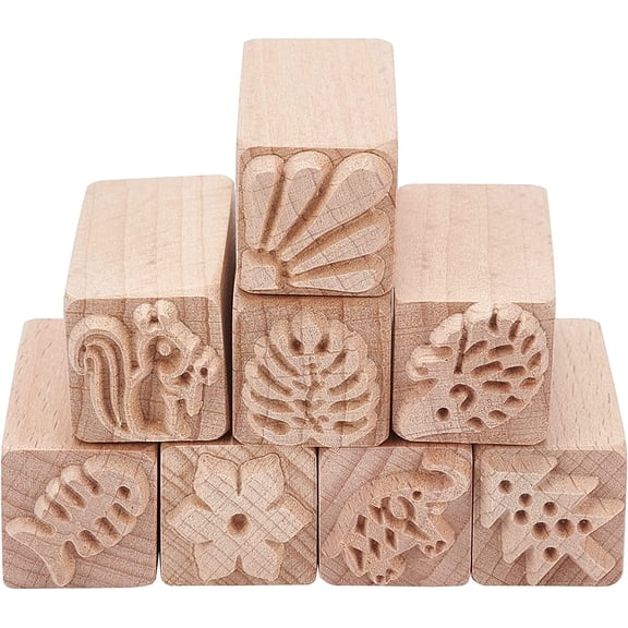 8PCS Wood Pottery Tools Stamps Square Wooden Stamps Natural Wood Stamps with Mixed Patterns for Clay Valentine's Day Easter Gift 2”x0.7”