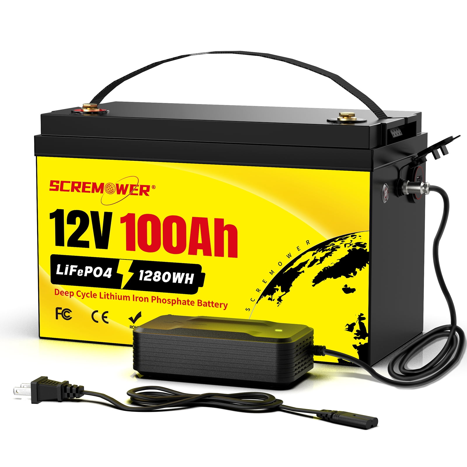 12V 100Ah LiFePO4 Battery, 100A BMS Trolling Motors Lithium Batteries, SCREMOWER BCI Group 31 Deep Cycles for RVs,Van, Boats,Camper,Solar