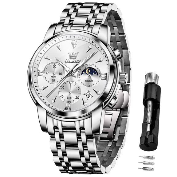OLEVS Chronograph Watches for Men Plated Golden Blue Dress Luxury Moon Phase Casual Analog Quartz Stainless Steel Business Luminous Date Mens Wrist Watches Reloj Para Hombre