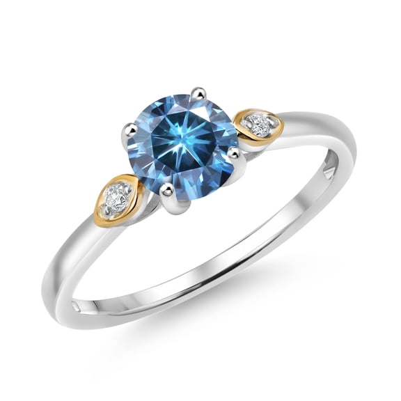 Gem Stone King 925 Silver and 10K Yellow Gold Persian Blue Moissanite and White Lab Grown Diamond 3-Stone Engagement Ring for Women (0.83 Cttw, Round 6MM, Gemstone Birthstone, Size 8)
