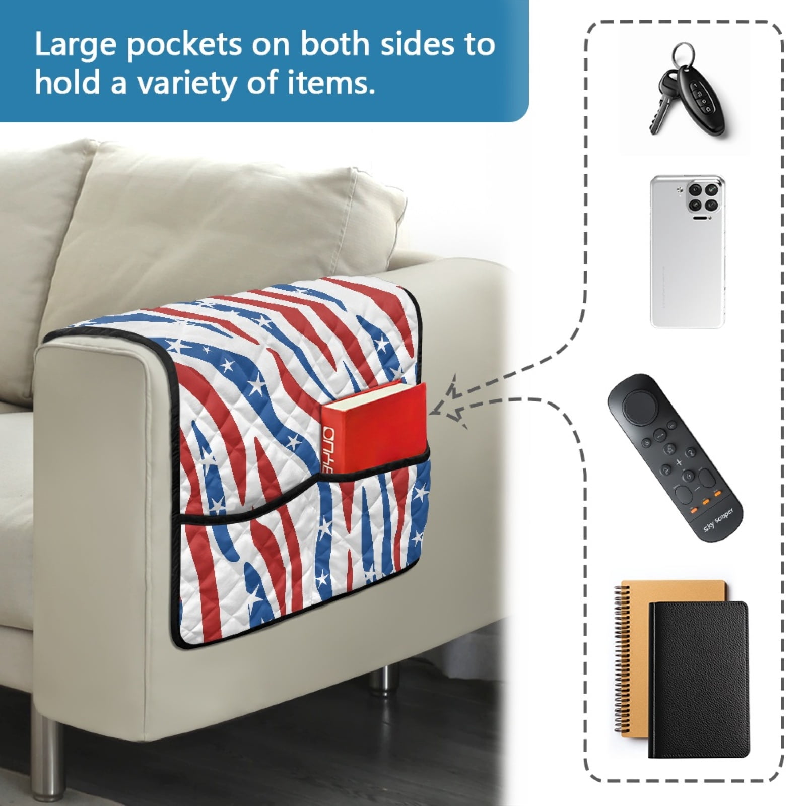 TSOVTHRID Blue Red Stripe Star Print Couch Arm Rest Cover Anti-Slip Furniture Protectors for Pet Cat Dog, Stain Resistant Arm Covers for Sofa with 2 Pockets Modern Home Decor