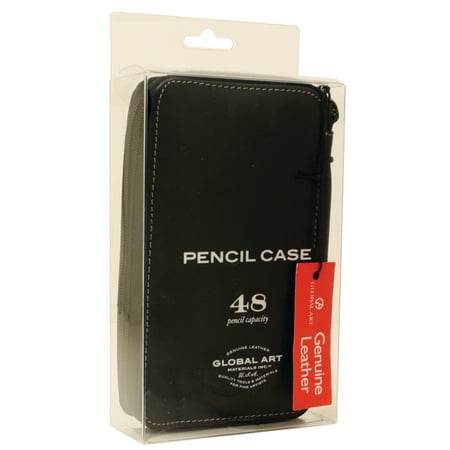 Global Art Genuine Leather Pencil Case, 24-Pencil Capacity, Black
