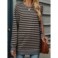 thumbnail image 2 of Womens Casual Striped Long Sleeve Shirt Trendy Crew Neck Slim Loose Fit Basic Blouses Tops Coffee Black XL, 2 of 8