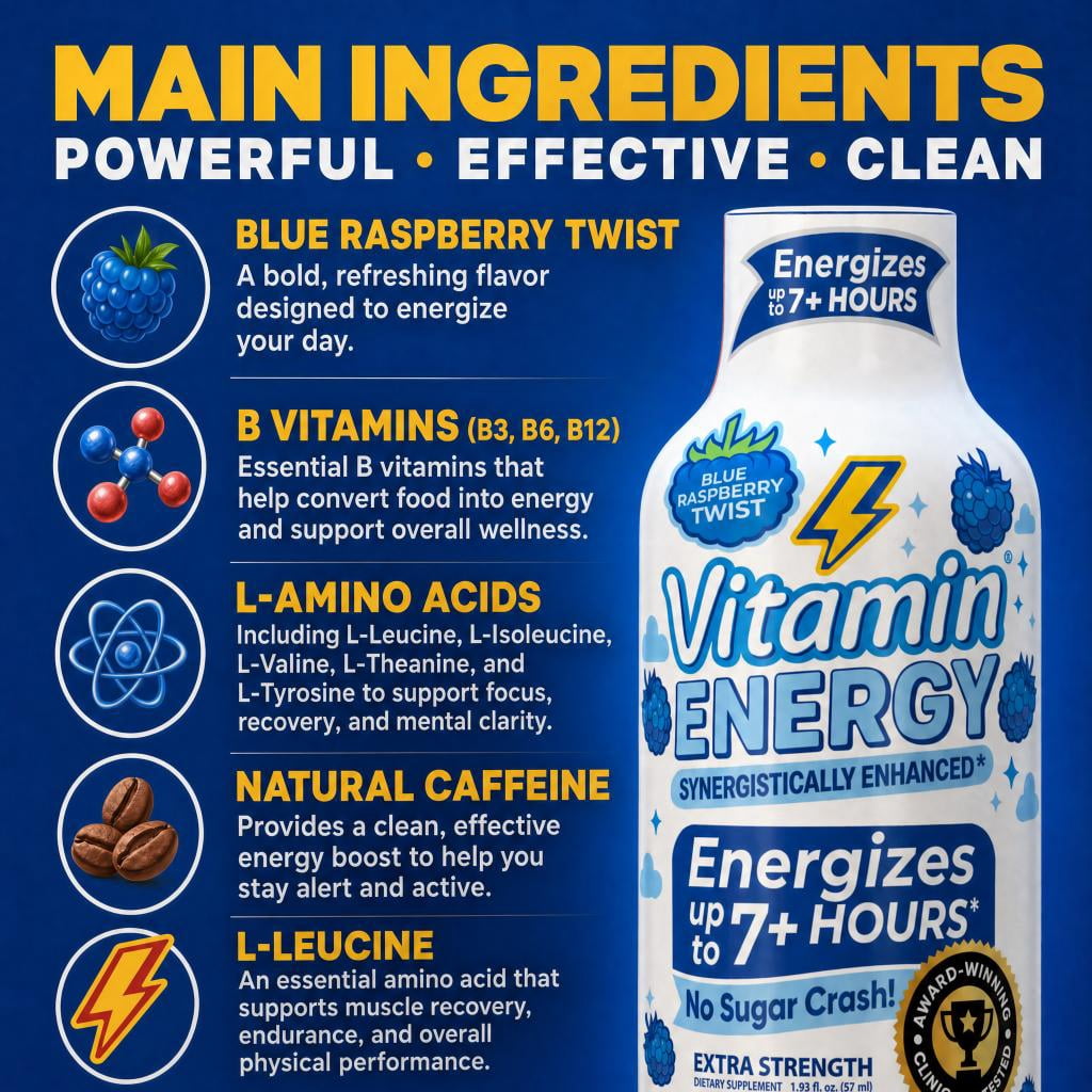 Vitamin Energy Focus+ Extra Strength Shot, Blue Raspberry, 12 Pack – 260mg Natural Caffeine, CoQ10 & B-Vitamins, Zero Sugar, 1.93 fl oz