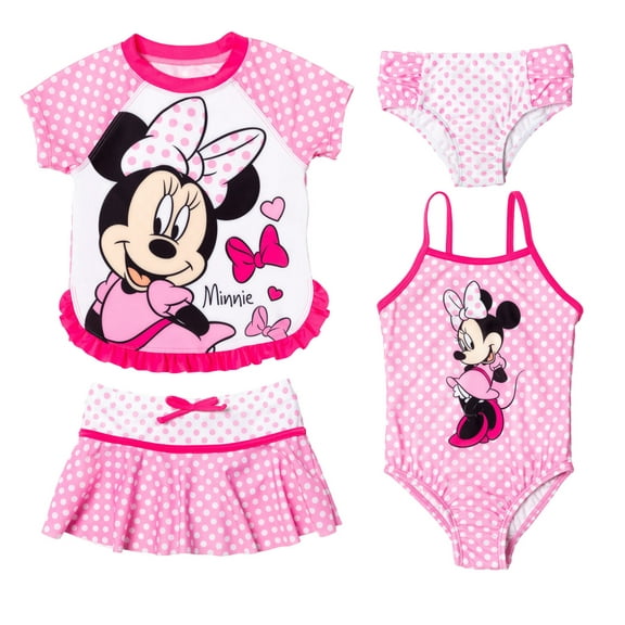 Disney Minnie Mouse Toddler Girls One Piece Bathing Suit Rash Guard Modest Swimsuit Skirt and Bottom 5 Set Toddler to Big Kid