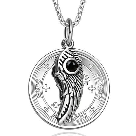 - Archangel Michael Sigil Amulet Magic Powers Angel Wing Simulated Black Onyx Pendant 18 Inch Necklace