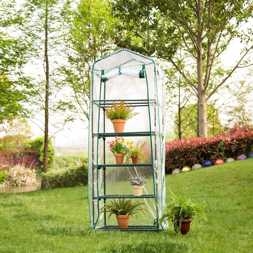 74x27x13in 5-Tier Mini Greenhouse Cover and Roll-Up Zipper Door Green by