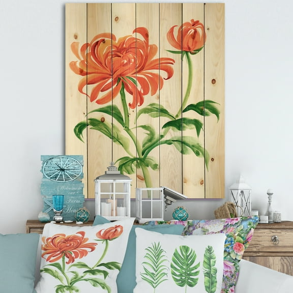 Designart 'Ancient Orange Chrysanthemum Flower' Traditional Print on Natural Pine Wood