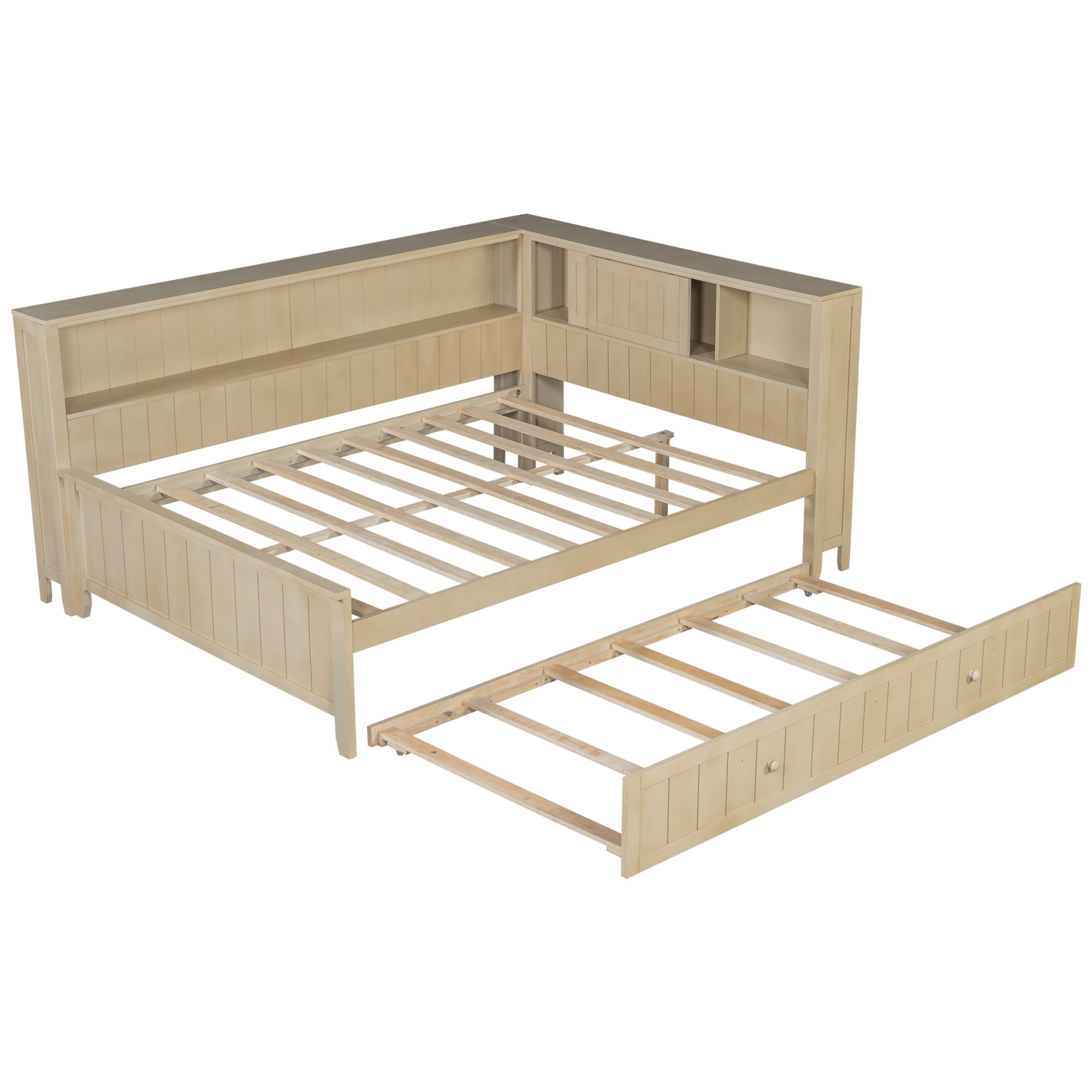 Noble House Illis Full Wood Daybed with Twin Trundle and Storage Shelves, Farmhouse Guest Bed Frame, Ancient White